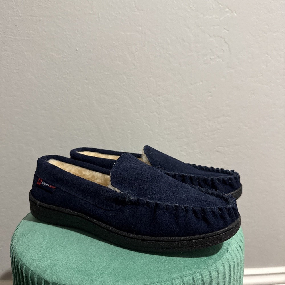Alpine Swiss Mens Size 8 Moccasin Slippers Yukon Navy Suede Memory Foam